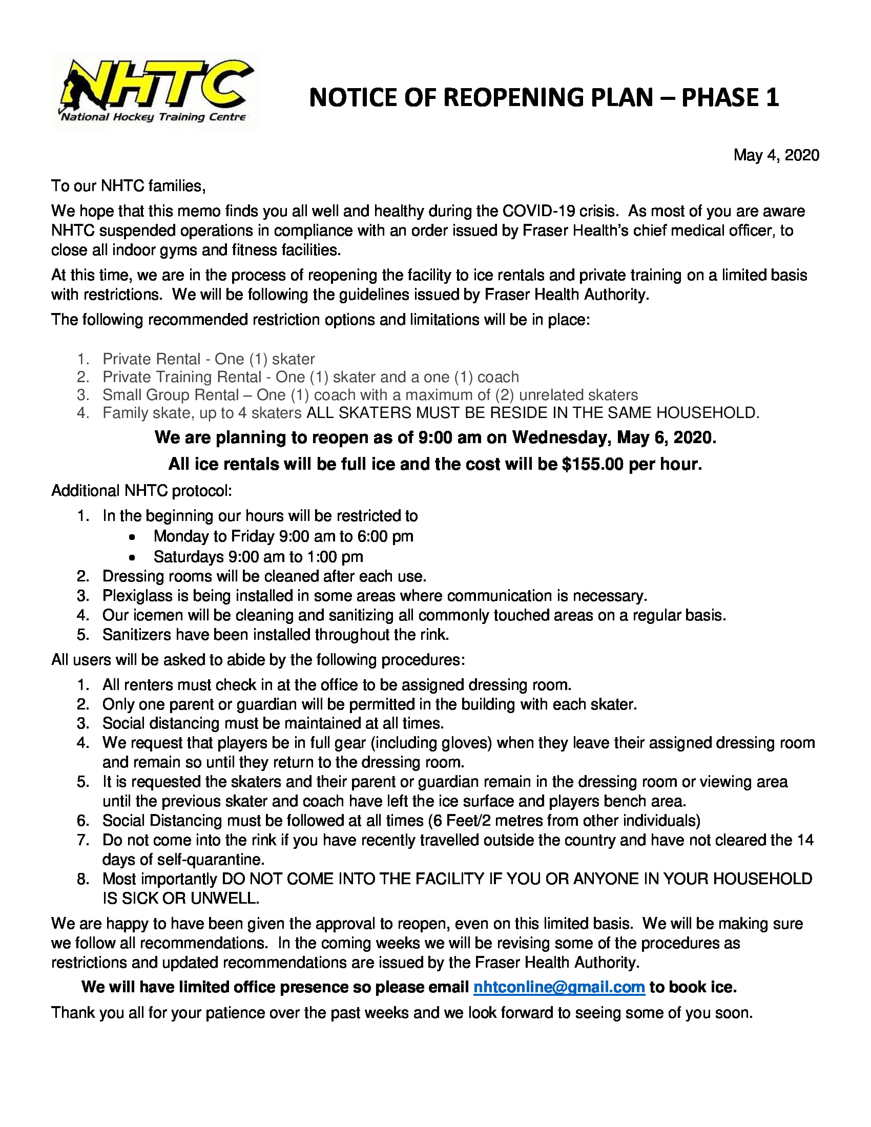 Covid19 Reopening Letter National Hockey Training Center